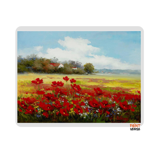 Print Abstract Wild Red Flower Poppies Landscape Oil Painting on Canvas Modern