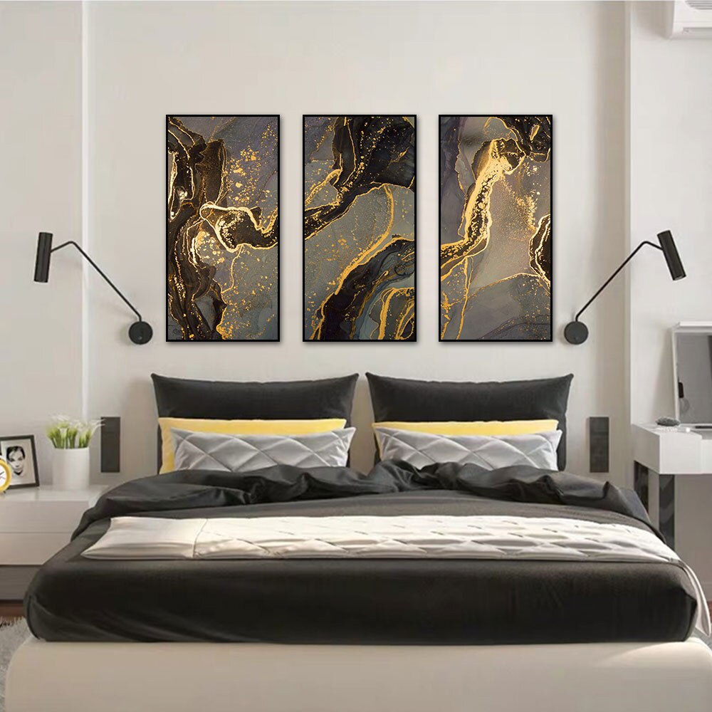 3 panel Abstract Coffee Quicksand With Gold Foils Canvas Painting Modern Posters