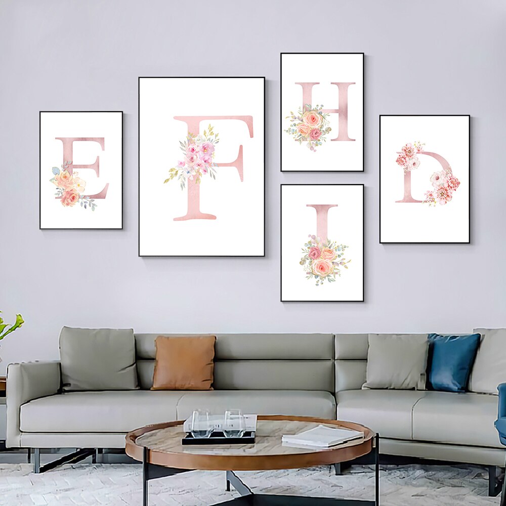 Abstract Pink Letters With Flower Canvas Painting Modern Nordic Posters And Prints Wall