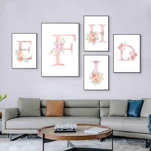 Abstract Pink Letters With Flower Canvas Painting Modern Nordic Posters And Prints Wall