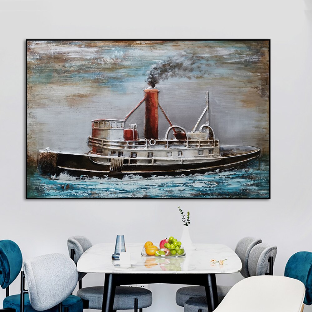 3D Abstract Boat Oil Painting Printed On Canvas Modern Landscape Posters