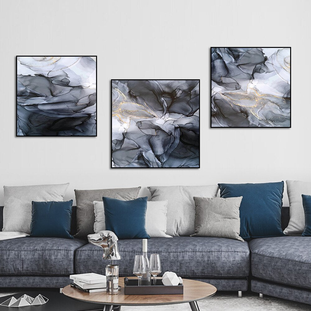 Abstract black Grey Canvas Painting With Gold Foil Nordic Posters And Prints