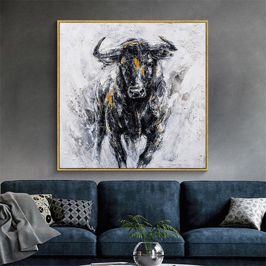 100% Hand Painted Bullfighting Canvas Oil Painting Black Strong Bull