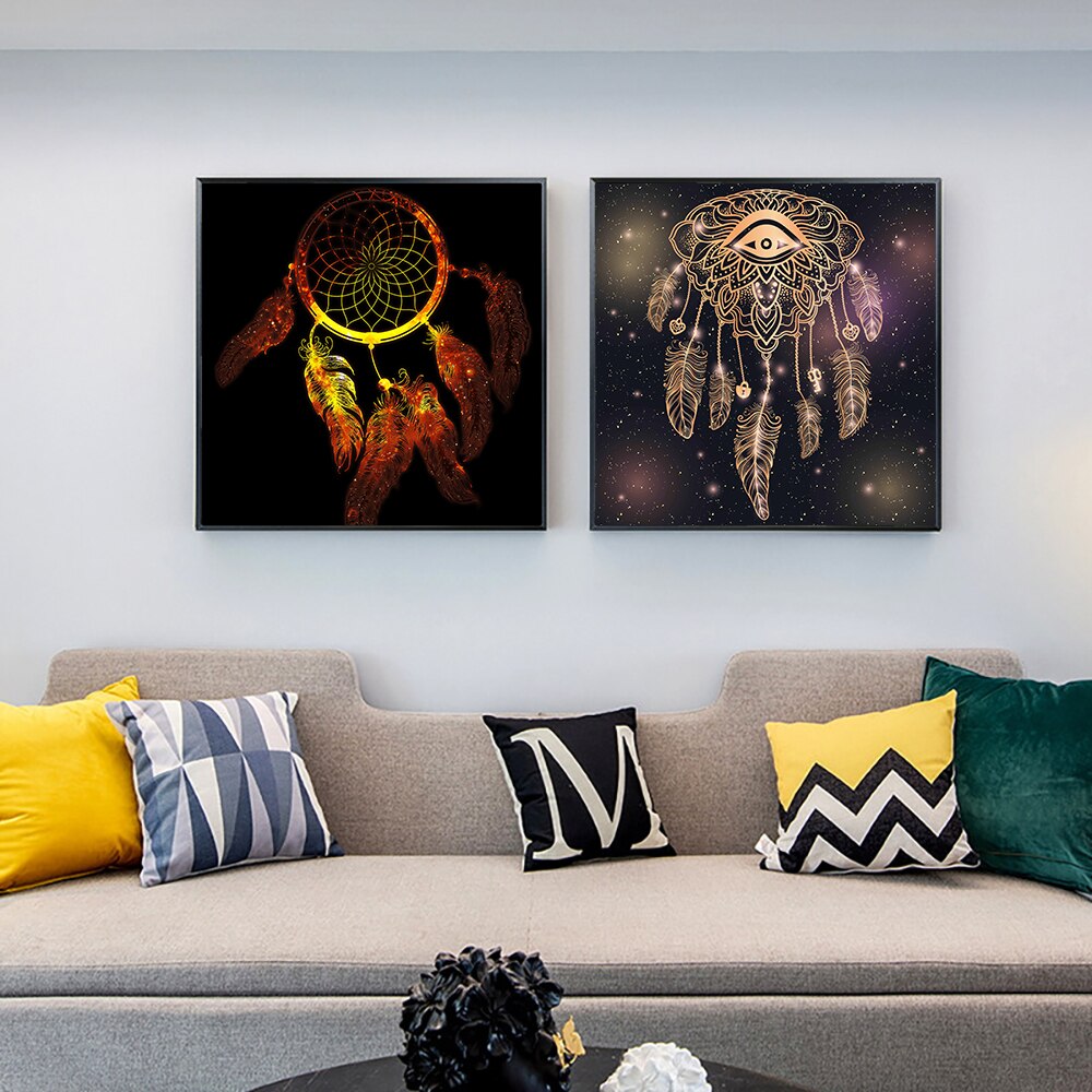 Abstract Dream Catcher Painting On Canvas Nordic Feather Wall Art Picture Prints