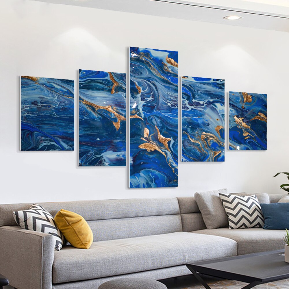 5pcs Set Abstract Blue With Gold Foils Canvas Painting Modern Landscape Posters