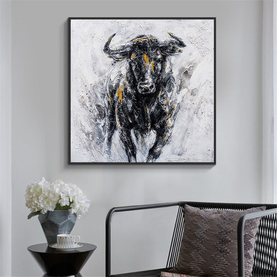 100% Hand Painted Bullfighting Canvas Oil Painting Black Strong Bull