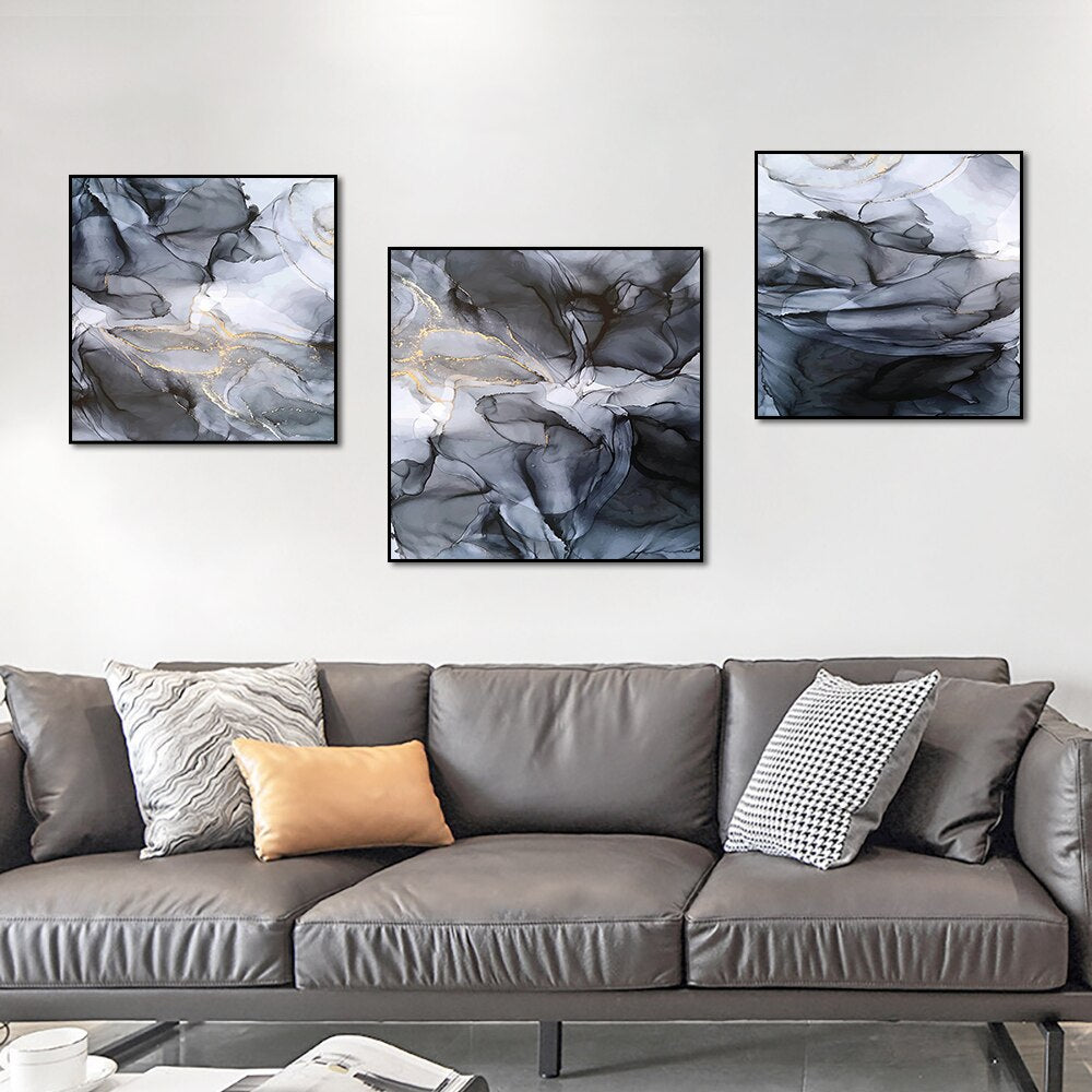 Abstract black Grey Canvas Painting With Gold Foil Nordic Posters And Prints