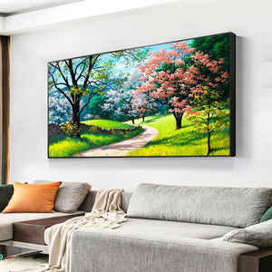 Landscape Oil Painting Green Trees Pink Flowers Reproductions on Canvas Posters