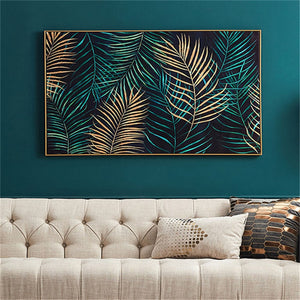 100% Hand-painted oil painting abstract green golden plant leaf canvas painting