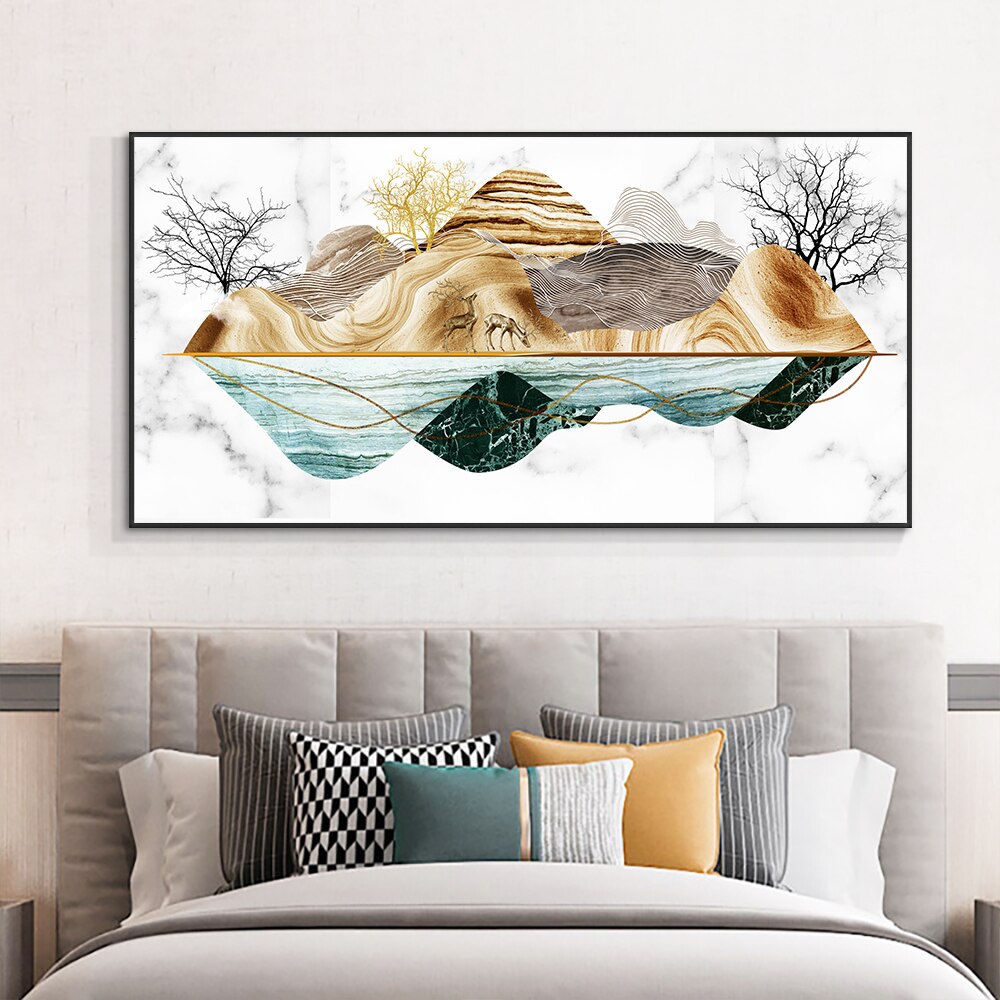 Abstract Mountain Trees Canvas Painting Wall Art Modern Nordic Landscape