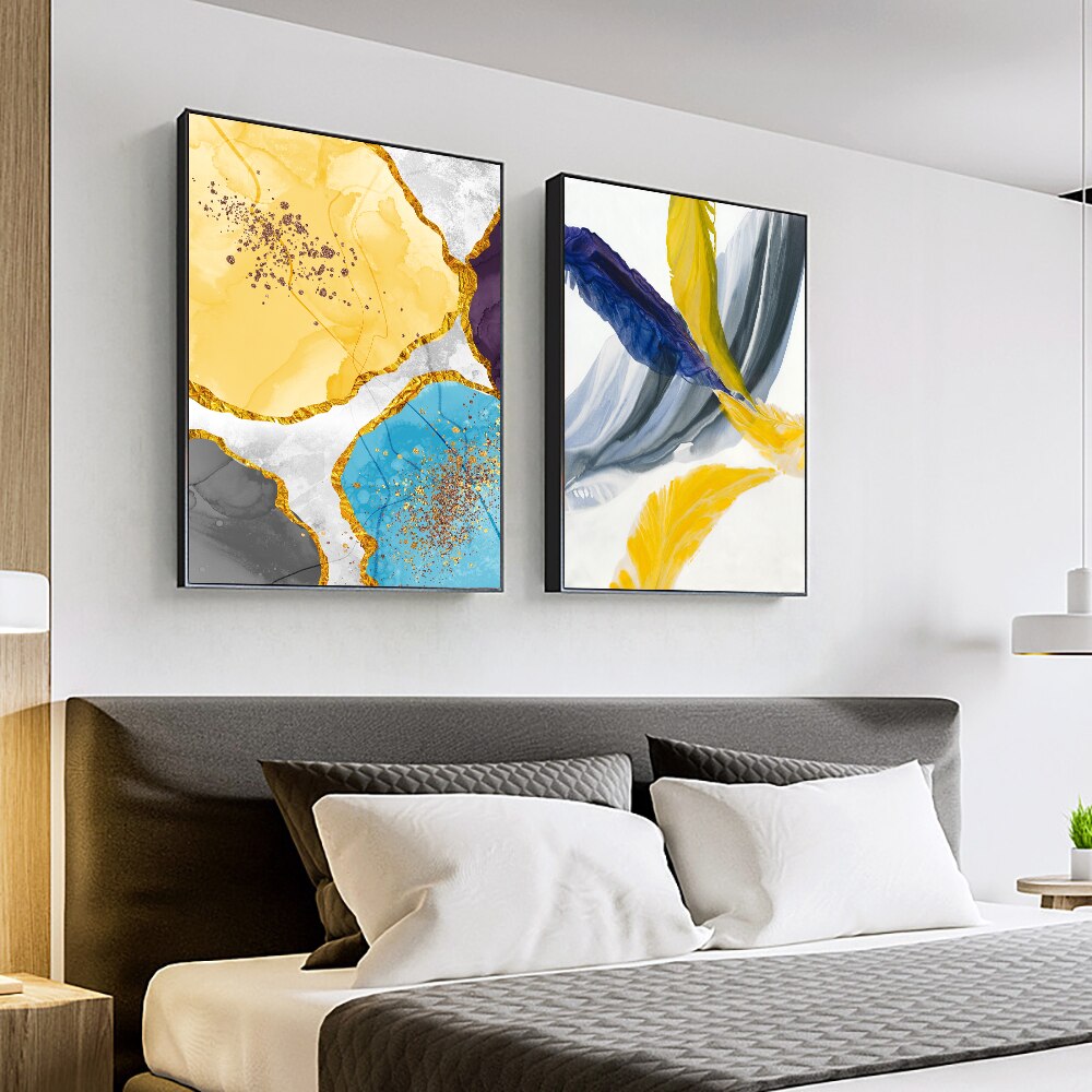 3 Panel Canvas Painting Abstract Yellow Blue Feather Posters And Prints Modern