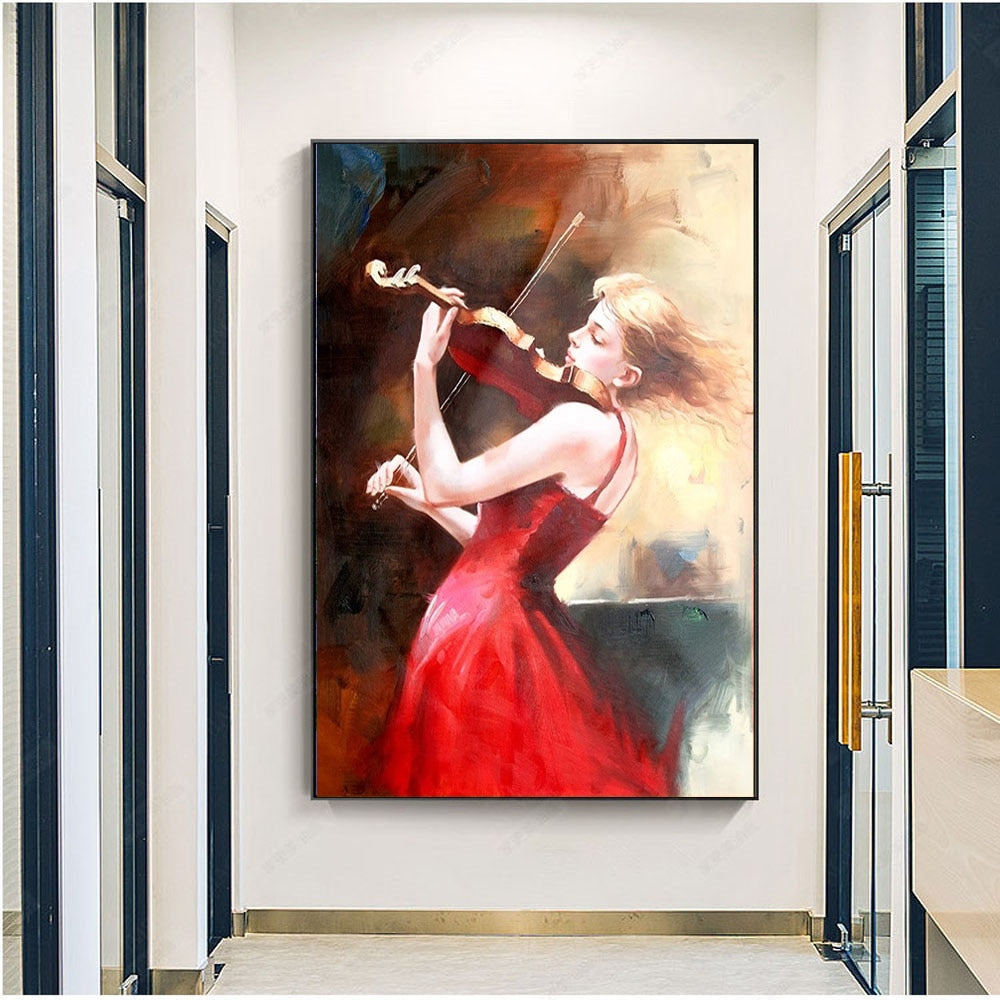 High-quality hand-painted oil painting girl playing the violin