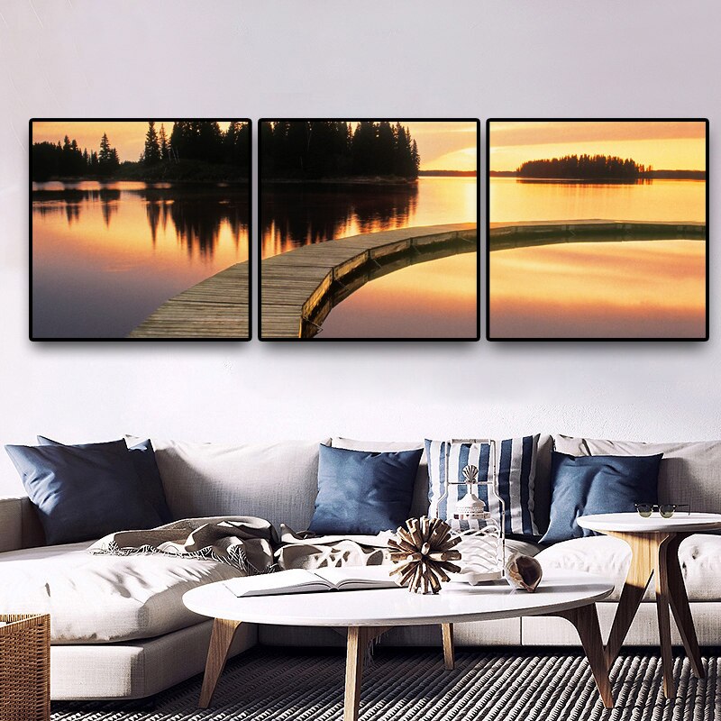 3Panle Tree Bridge Sunset Wooden Lake Landscape Posters Living Room