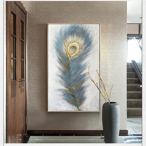 Large 100% Handmade vertical painting gold Banana leaf Canvas Wall