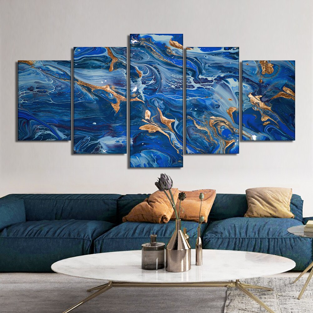 5pcs Set Abstract Blue With Gold Foils Canvas Painting Modern Landscape Posters