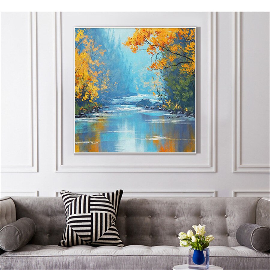 Abstract Trees With Beautiful Leaves By The River Hand Painted