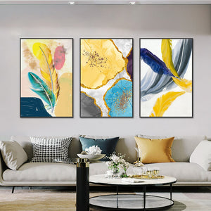 3 Panel Canvas Painting Abstract Yellow Blue Feather Posters And Prints Modern