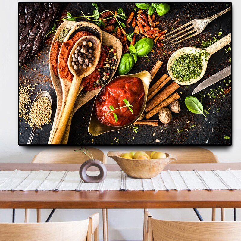 Grains Spices Spoon and  Forks Kitchen Canvas Painting Green Plant Cuadros Posters