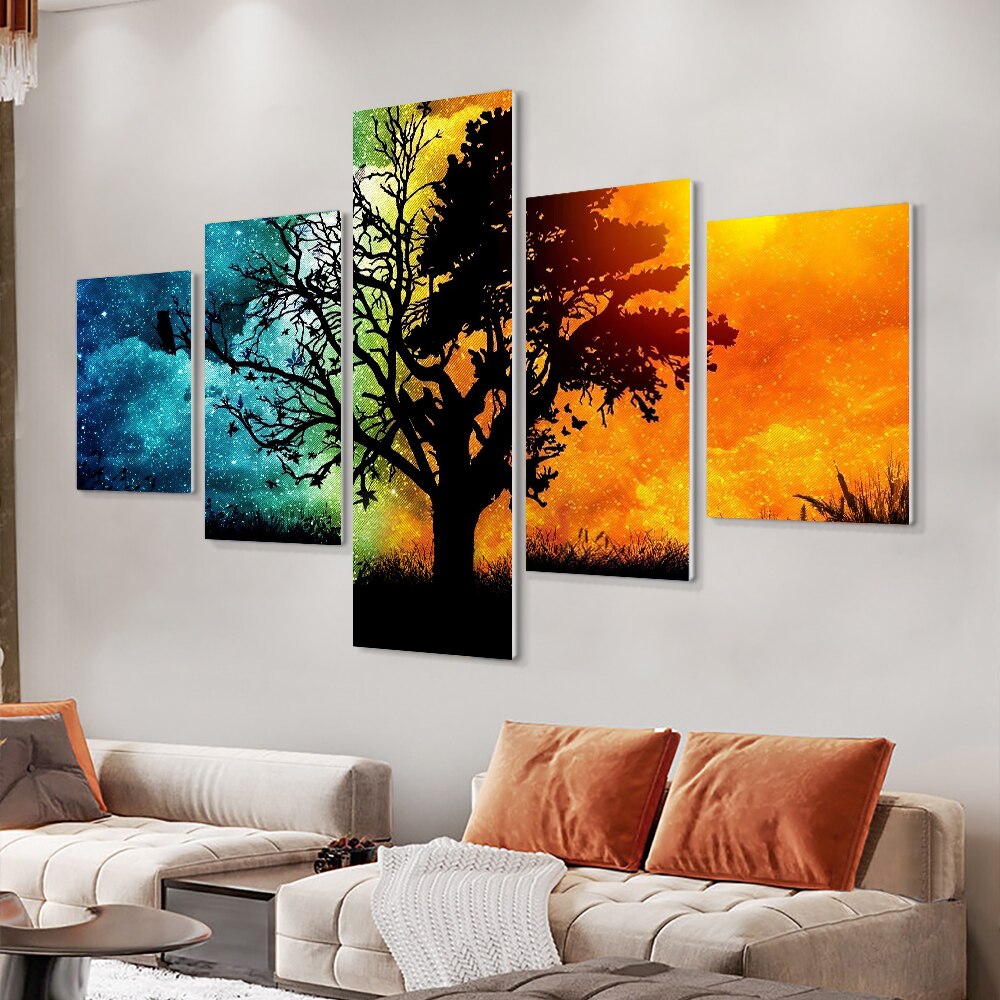 5pcs Set Abstract Night Colorful Trees Canvas Painting Modern Landscape Posters And Prints Wall
