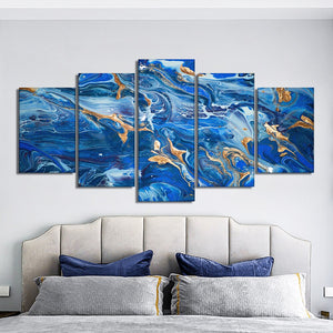 5pcs Set Abstract Blue With Gold Foils Canvas Painting Modern Landscape Posters