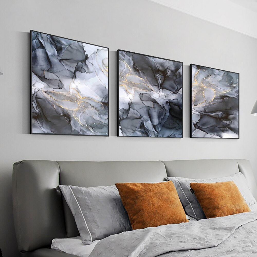 Abstract black Grey Canvas Painting With Gold Foil Nordic Posters And Prints