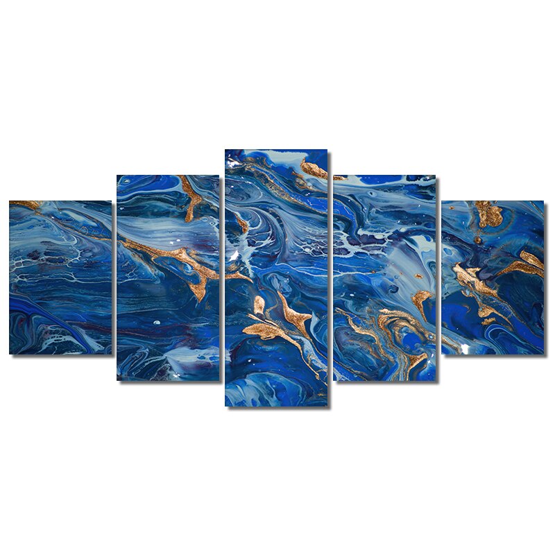 5pcs Set Abstract Blue With Gold Foils Canvas Painting Modern Landscape Posters