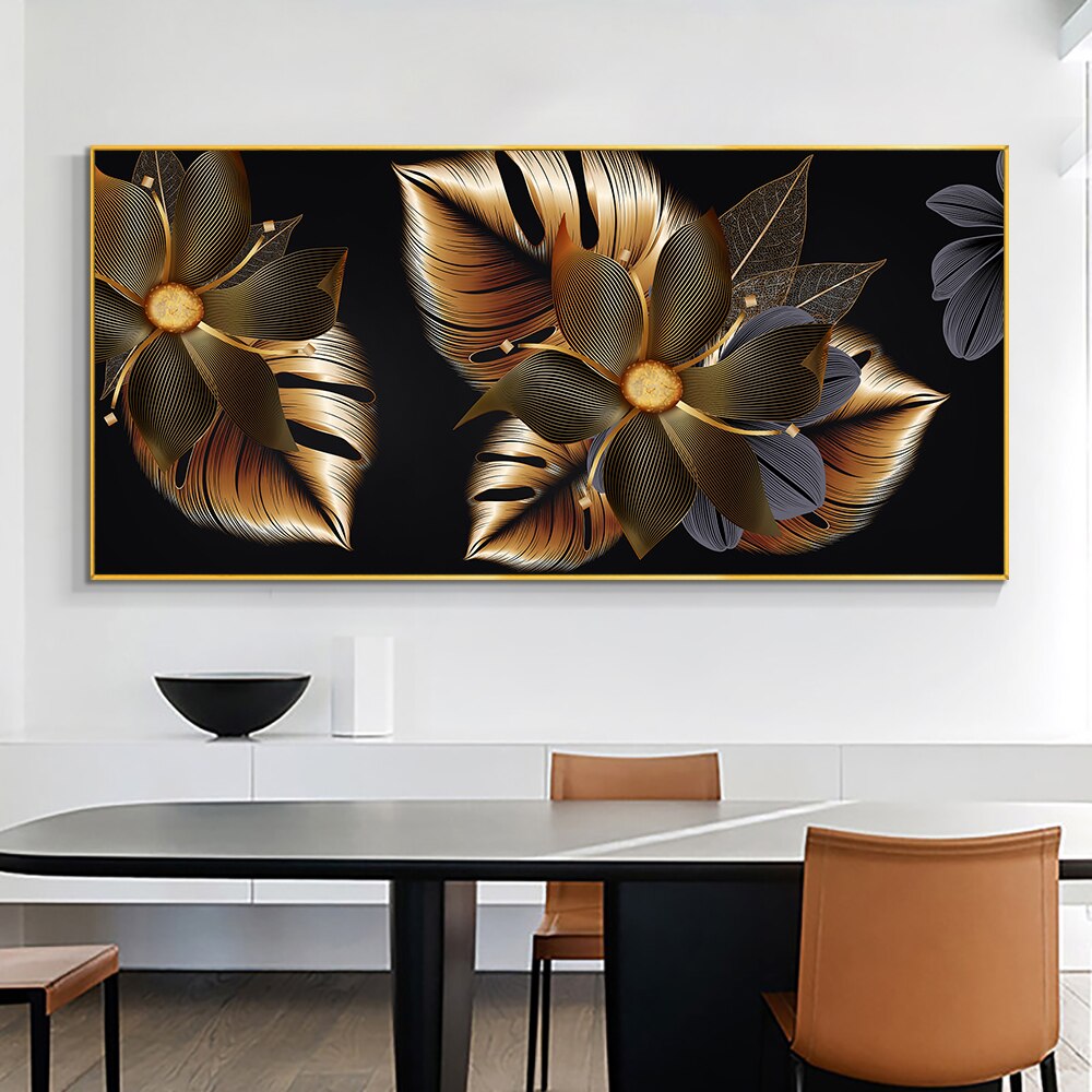 Abstract Grey Black Gold Leaves Canvas Painting Modern Nordic Plant Posters