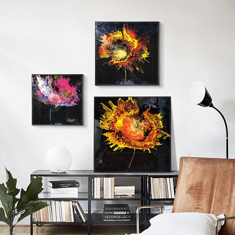 Abstract Bright Red Poppy Flower Painting On Canvas Nordic Plant Wall Art Prints