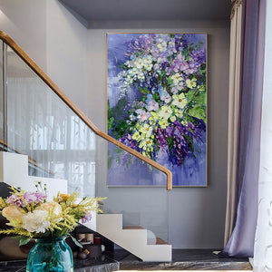 Hand-Painted Purple Blue Oil Painting Abstract Mural Orchid Violet Home Decor