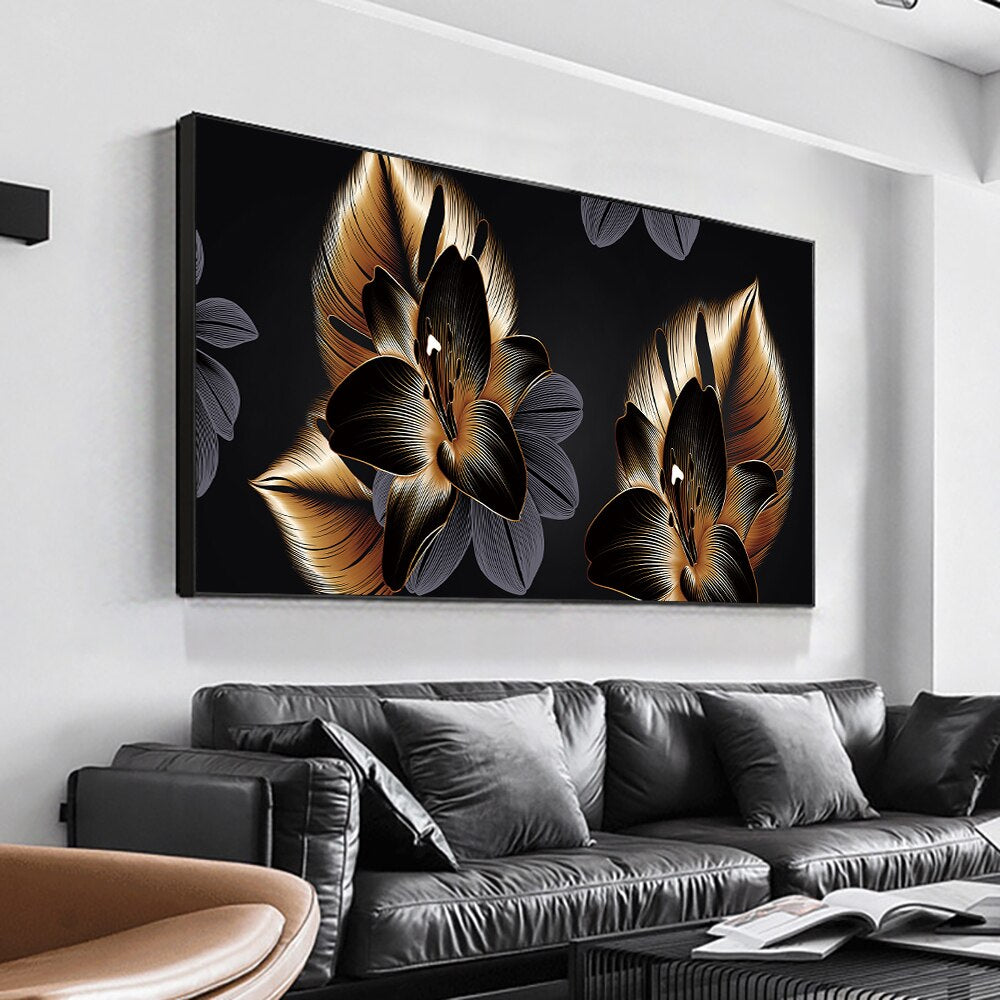 Abstract Grey Black Gold Leaves Canvas Painting Modern Nordic Plant Posters