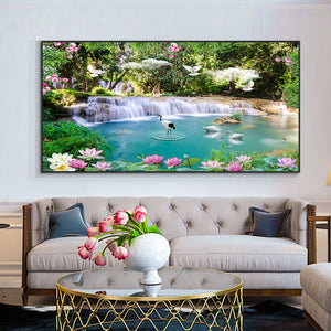 Abstract Swan Waterfall Lotus Canvas Painting Wall Art Modern Nordic Landscape