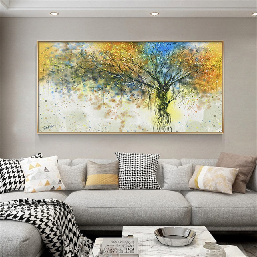 100% Hand-painted golden tree canvas oil painting large vertical