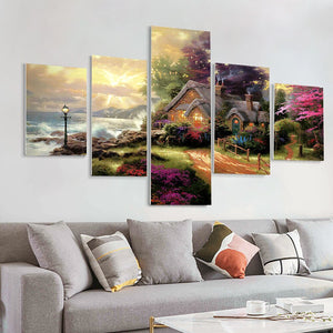 5pcs Set Village Canvas Painting House Small Road Trees Oil Painting Posters And Prints Wall