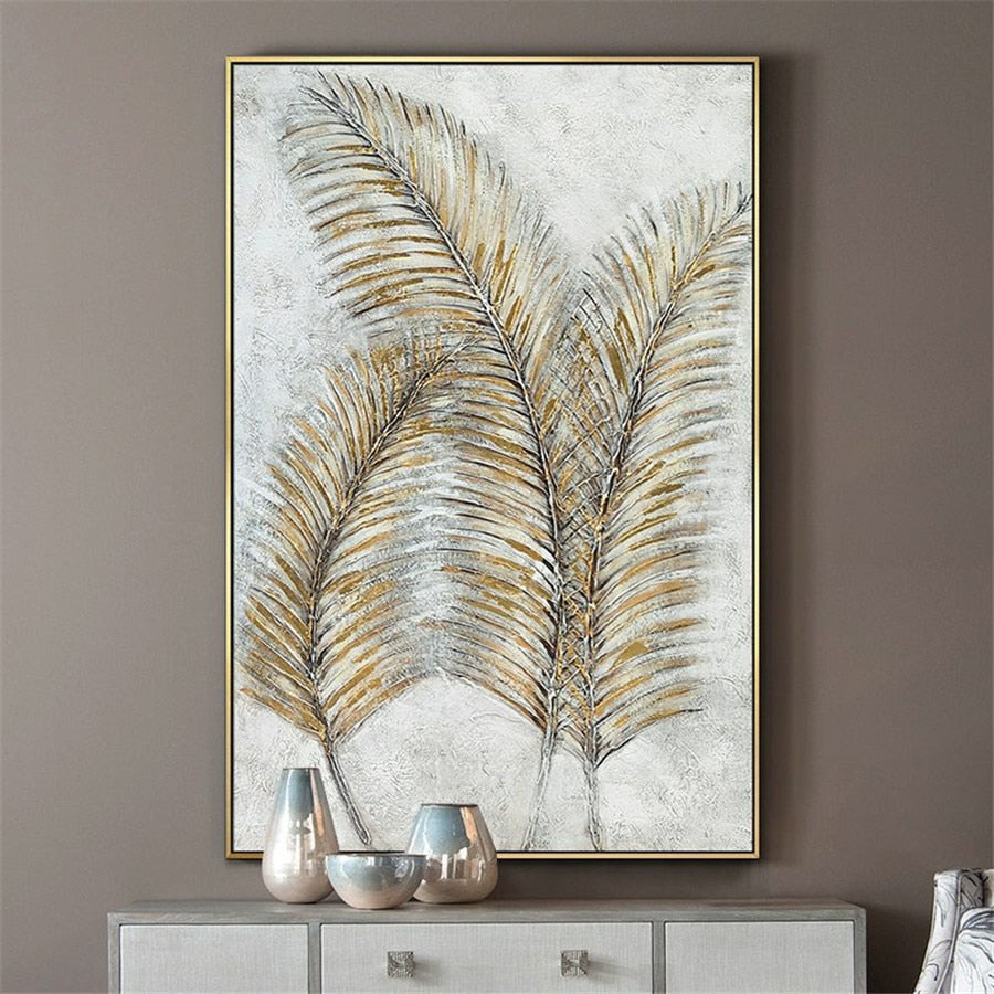 Large 100% Handmade vertical painting gold Banana leaf Canvas Wall