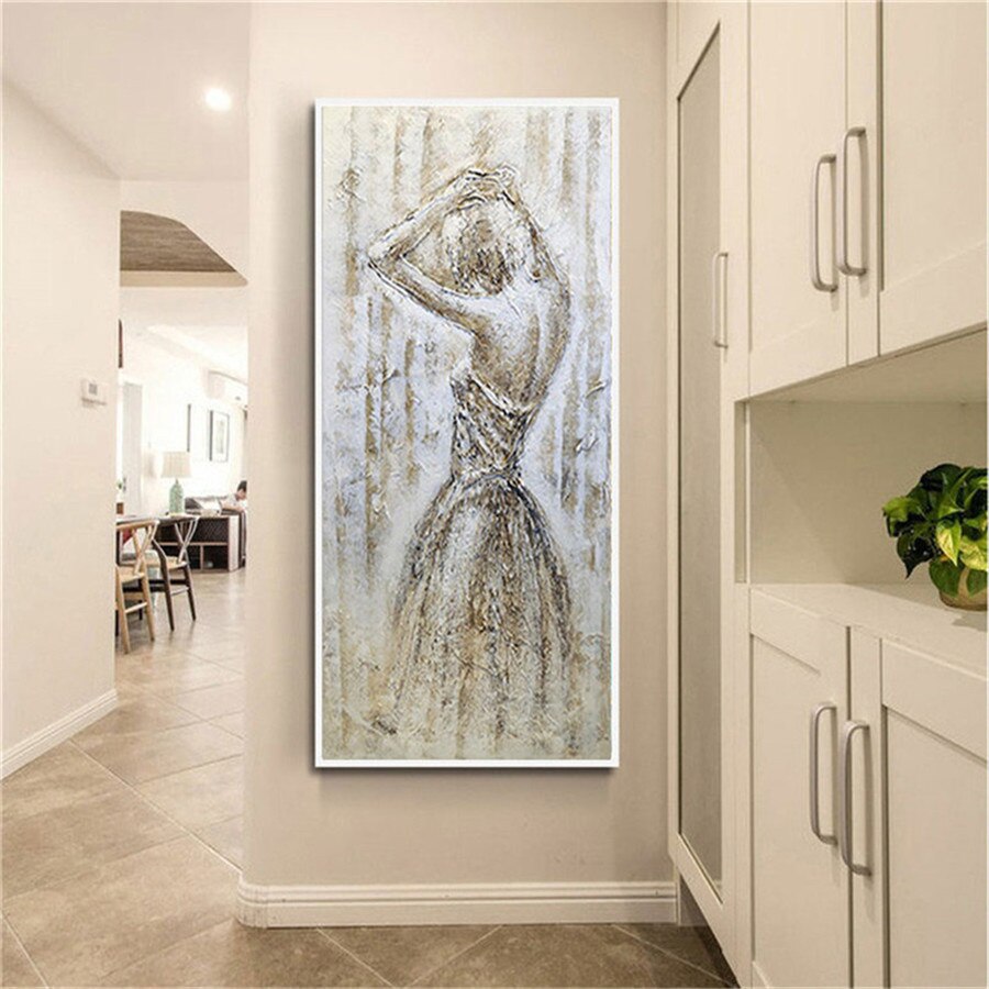 Hand Painted Nordic Painting Oil Canvas white gray girl woman