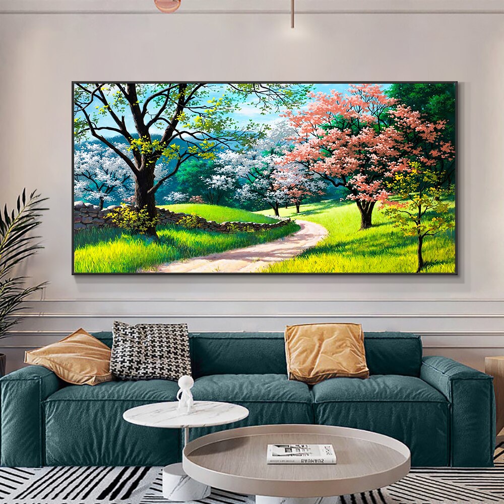 Landscape Oil Painting Green Trees Pink Flowers Reproductions on Canvas Posters