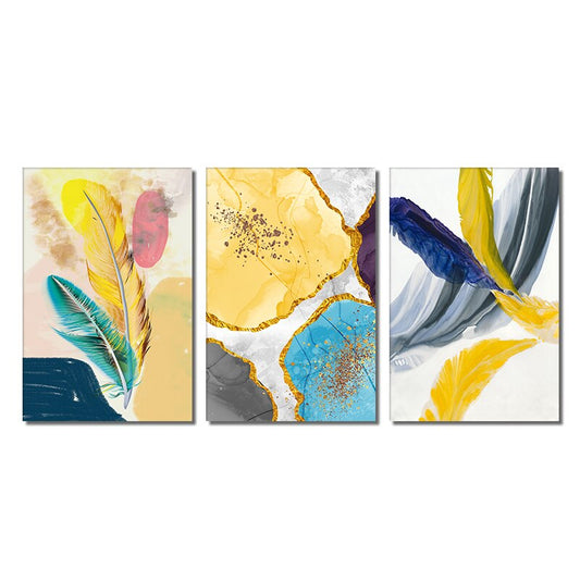 3 Panel Canvas Painting Abstract Yellow Blue Feather Posters And Prints Modern