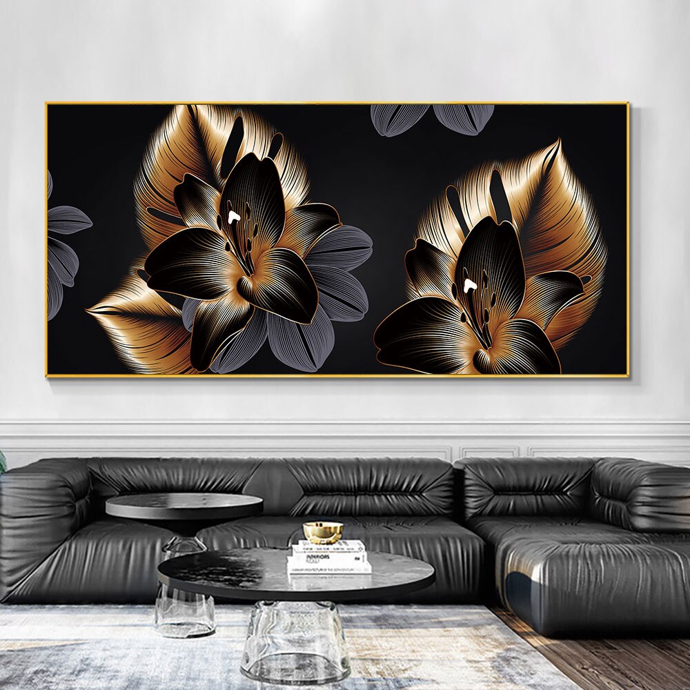 Abstract Grey Black Gold Leaves Canvas Painting Modern Nordic Plant Posters