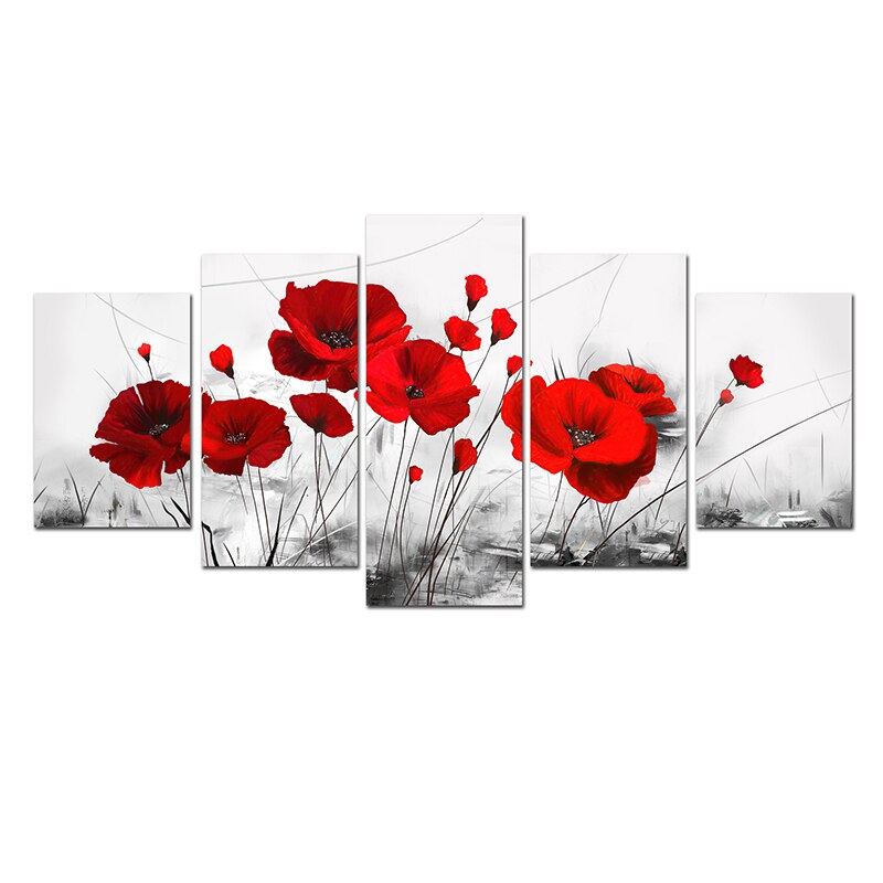 5pcs Set Red Flowers Canvas Painting Modern Flower Plant Posters And Prints Wall Art Picture