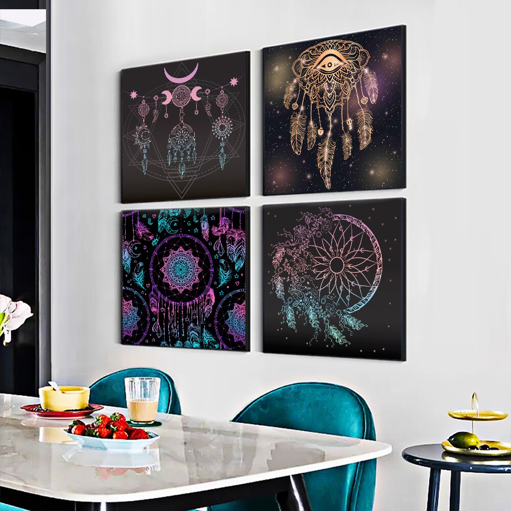 Abstract Dream Catcher Painting On Canvas Nordic Feather Wall Art Picture Prints