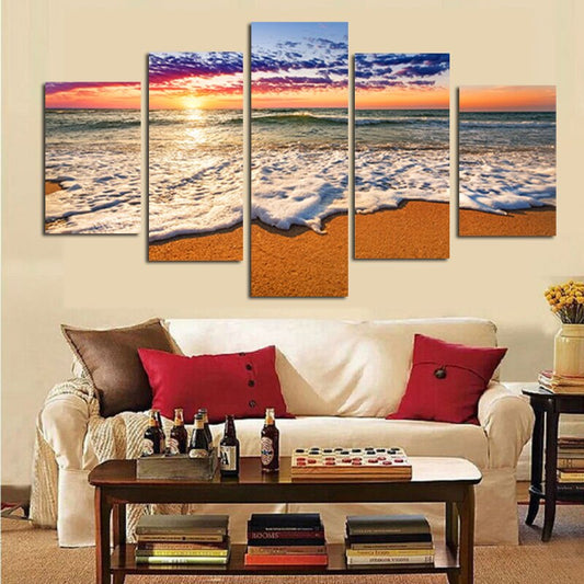 5pcs Set Abstract Sunset Beach Waves Canvas Painting Modern Seascape Posters And Prints Wall