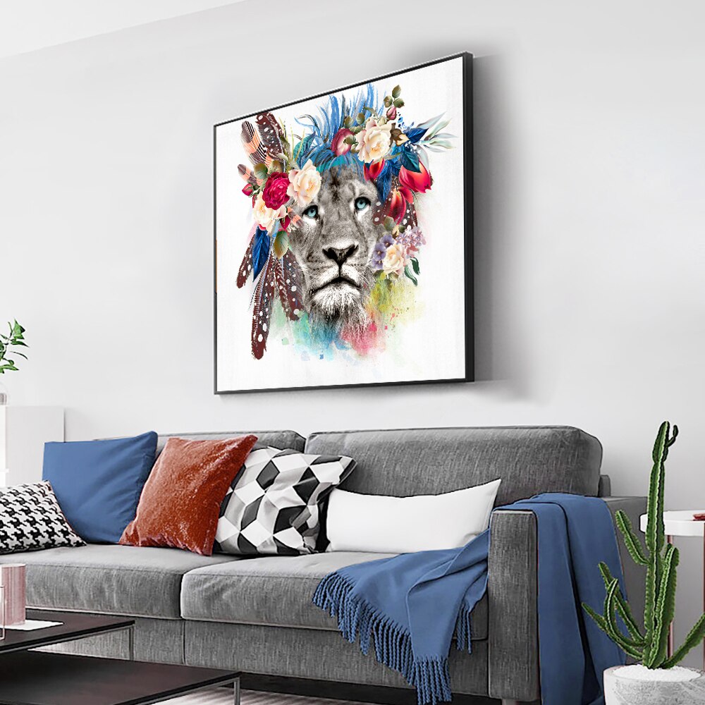 Lion Head With Flower Garland Canvas Painting Modern Nordic Animal Wall Art Posters