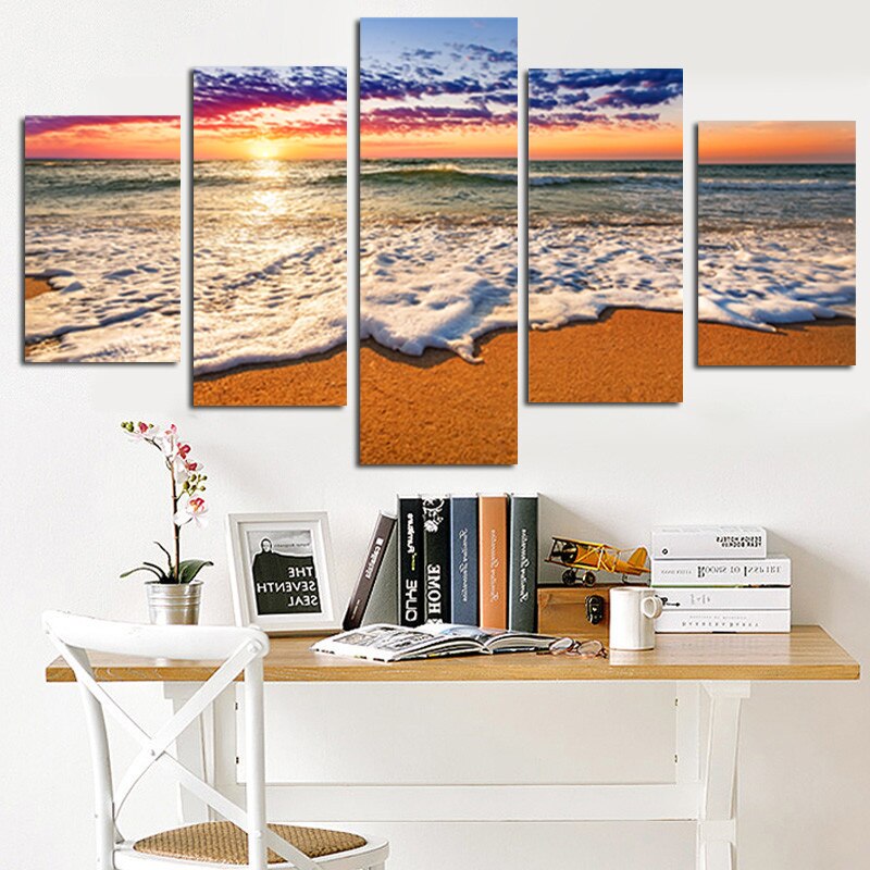 5pcs Set Abstract Sunset Beach Waves Canvas Painting Modern Seascape Posters And Prints Wall