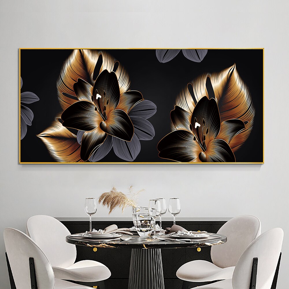 Abstract Grey Black Gold Leaves Canvas Painting Modern Nordic Plant Posters