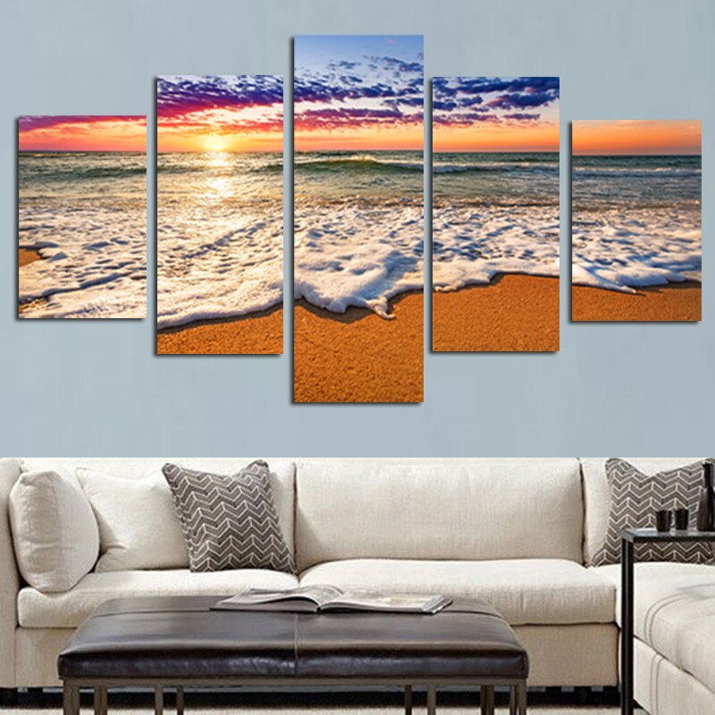 5pcs Set Abstract Sunset Beach Waves Canvas Painting Modern Seascape Posters And Prints Wall