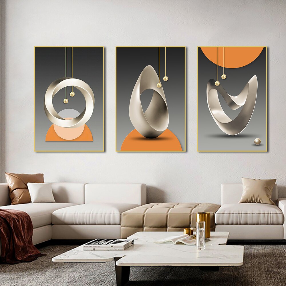 3 panel Abstract 3D Geometric Canvas Ppainting Modern Nordic Circle Posters