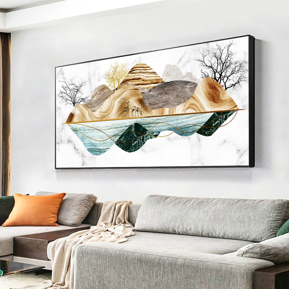 Abstract Mountain Trees Canvas Painting Wall Art Modern Nordic Landscape