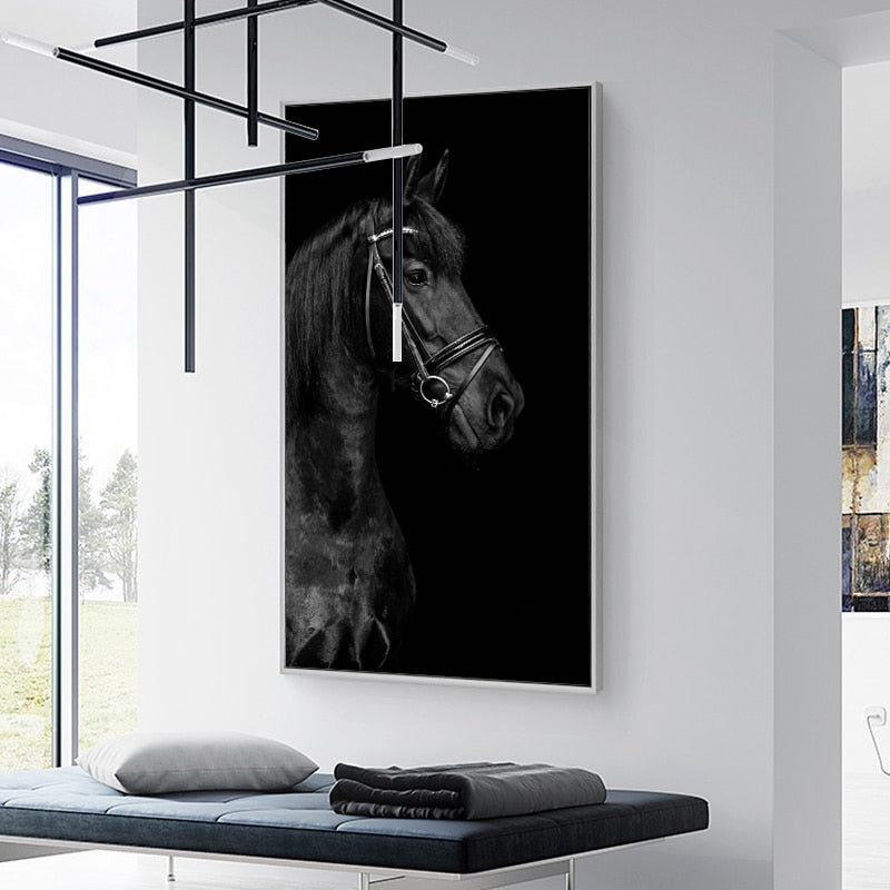 Black Horse Head Animals Canvas Painting Posters and Prints Scandinavian Wall Art