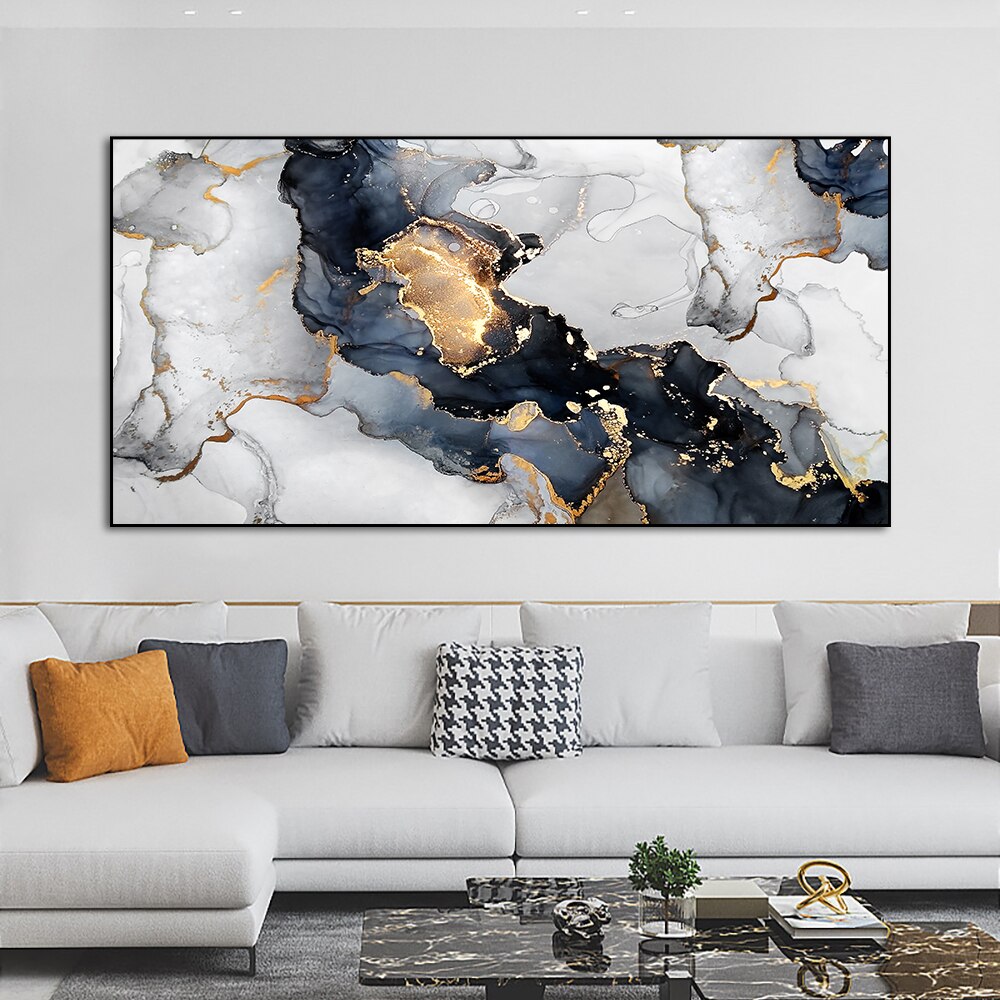 Abstract Blue Lake White Waves With Gold Canvas Painting Modern Nordic