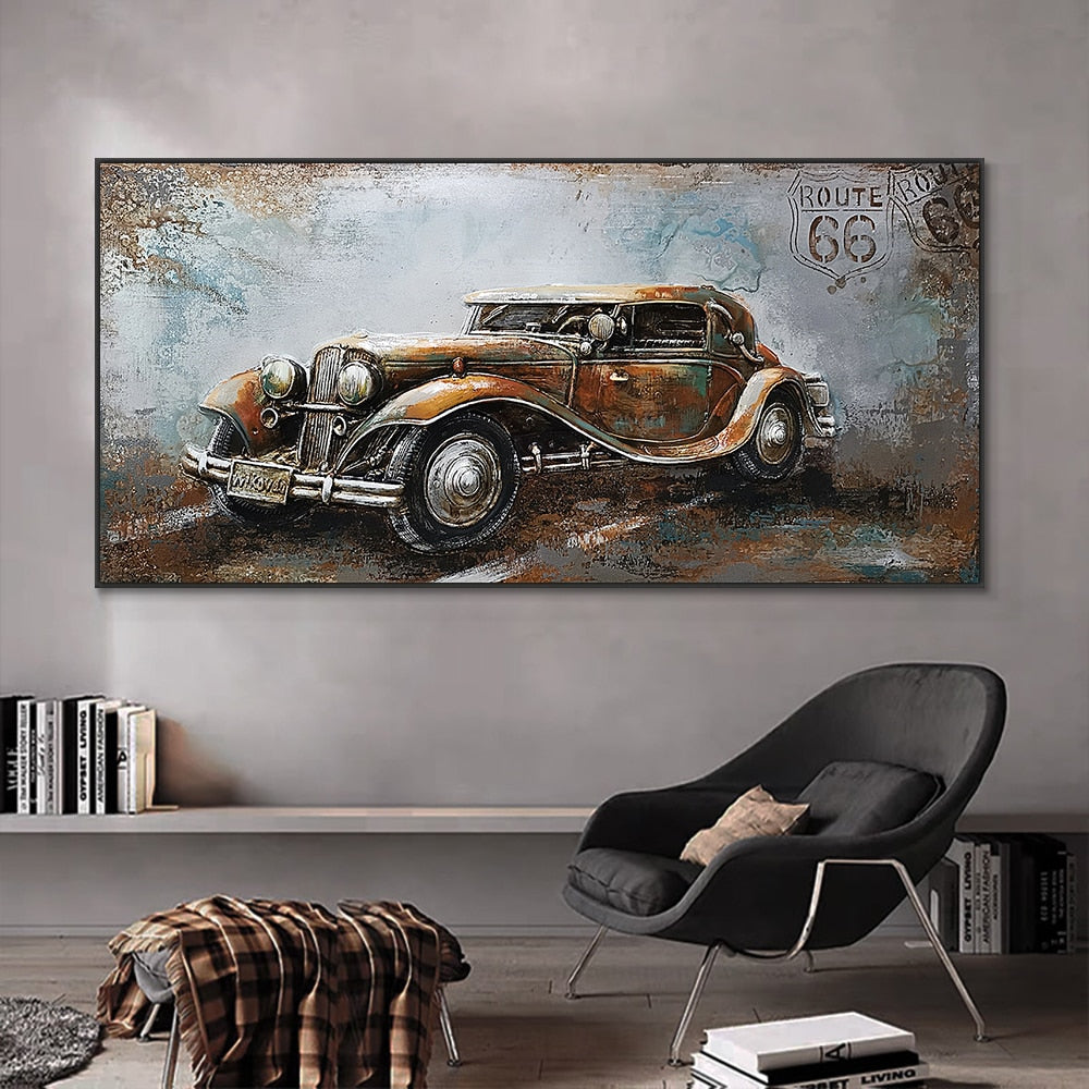 Abstract Retro And Nostalgic Motorcycle Car Oil Painting Printed On Canvas